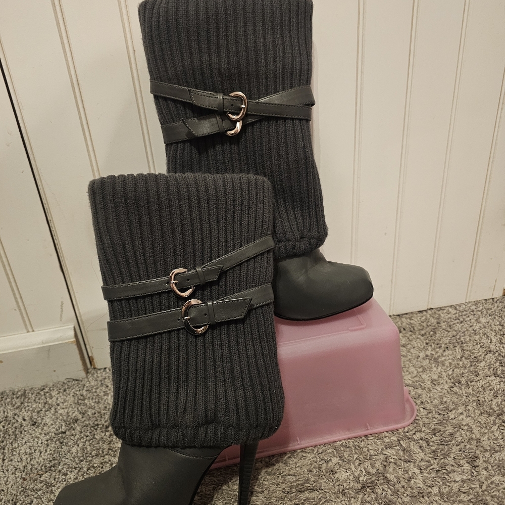 DOTS brand -Gray Ribbed Knit Boot Covers with Buckle Detail 4" Heel. - Picture 2 of 6